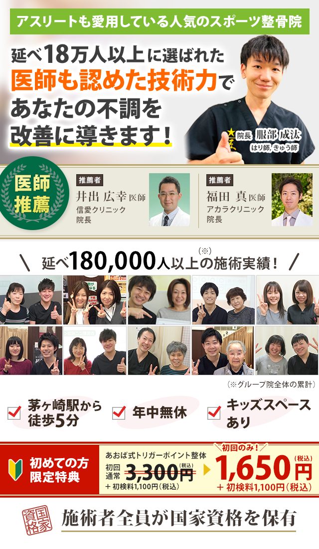 アスリートも愛用している人気のスポーツ整骨院　述べ18万人以上に選ばれた（※）医師も認める技術力であなたの不調を改善に導きます！　※グループ院全体の累計